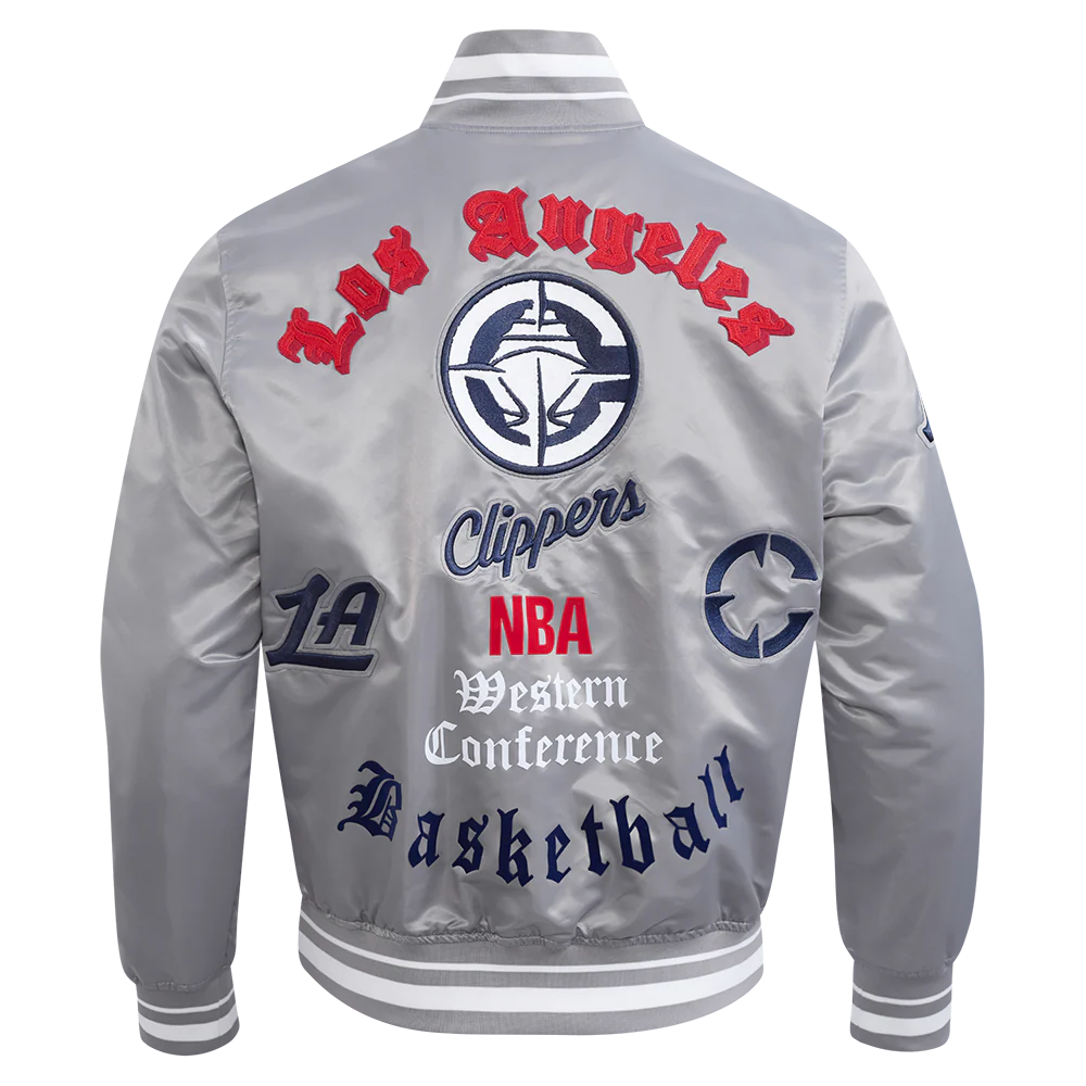 LOS ANGELES CLIPPERS CLASSIC OLD ENGLISH MEN'S RIB SATIN JACKET (GRAY) - Image 5