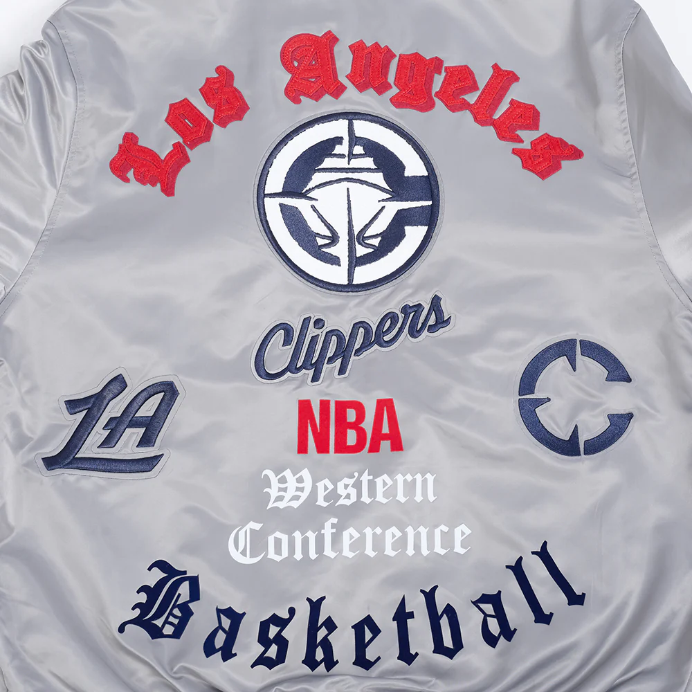 LOS ANGELES CLIPPERS CLASSIC OLD ENGLISH MEN'S RIB SATIN JACKET (GRAY) - Image 7