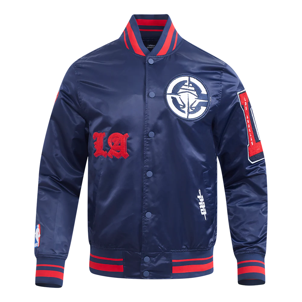LOS ANGELES CLIPPERS CLASSIC OLD ENGLISH MEN'S RIB SATIN JACKET (MIDNIGHT NAVY/RED/MIDNIGHT NAVY)