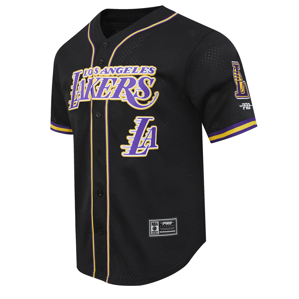 NBA LOS ANGELES LAKERS LOGO MEN'S MESH BUTTON UP SHIRT (BLACK/PURPLE) - Image 3