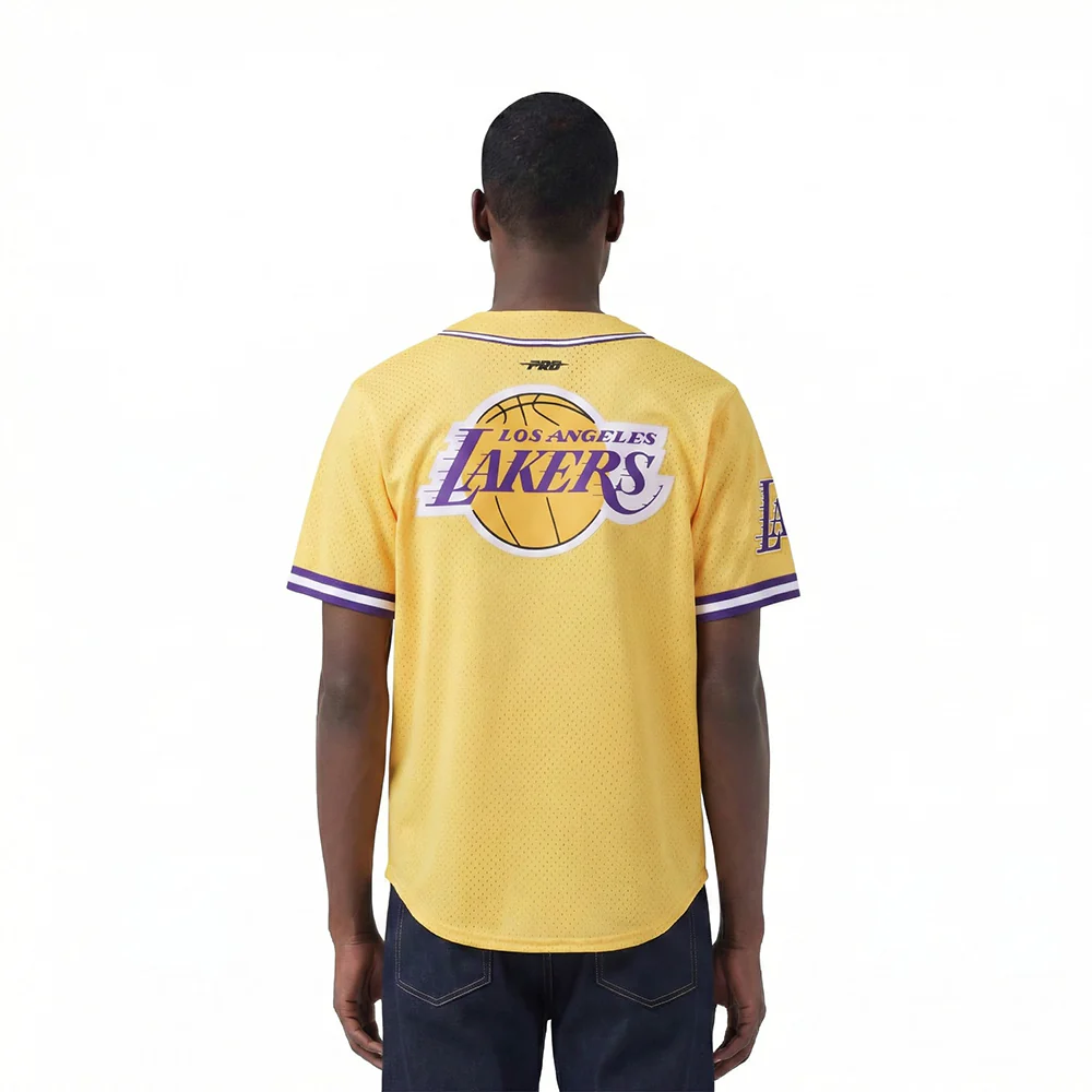 LOS ANGELES LAKERS CLASSIC MESH MEN'S BUTTON DOWN SHIRT (YELLOW/PURPLE) - Image 2