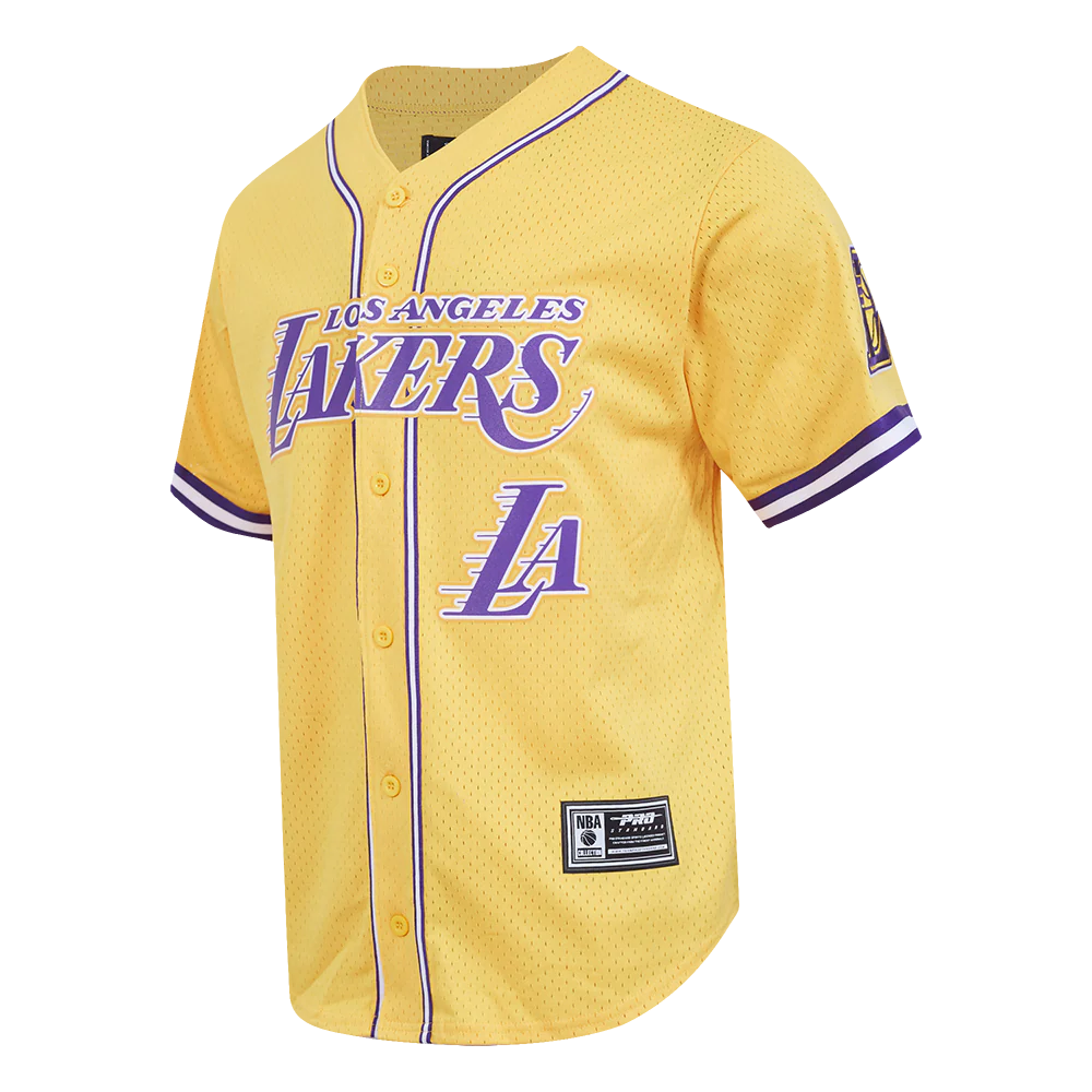 LOS ANGELES LAKERS CLASSIC MESH MEN'S BUTTON DOWN SHIRT (YELLOW/PURPLE) - Image 3