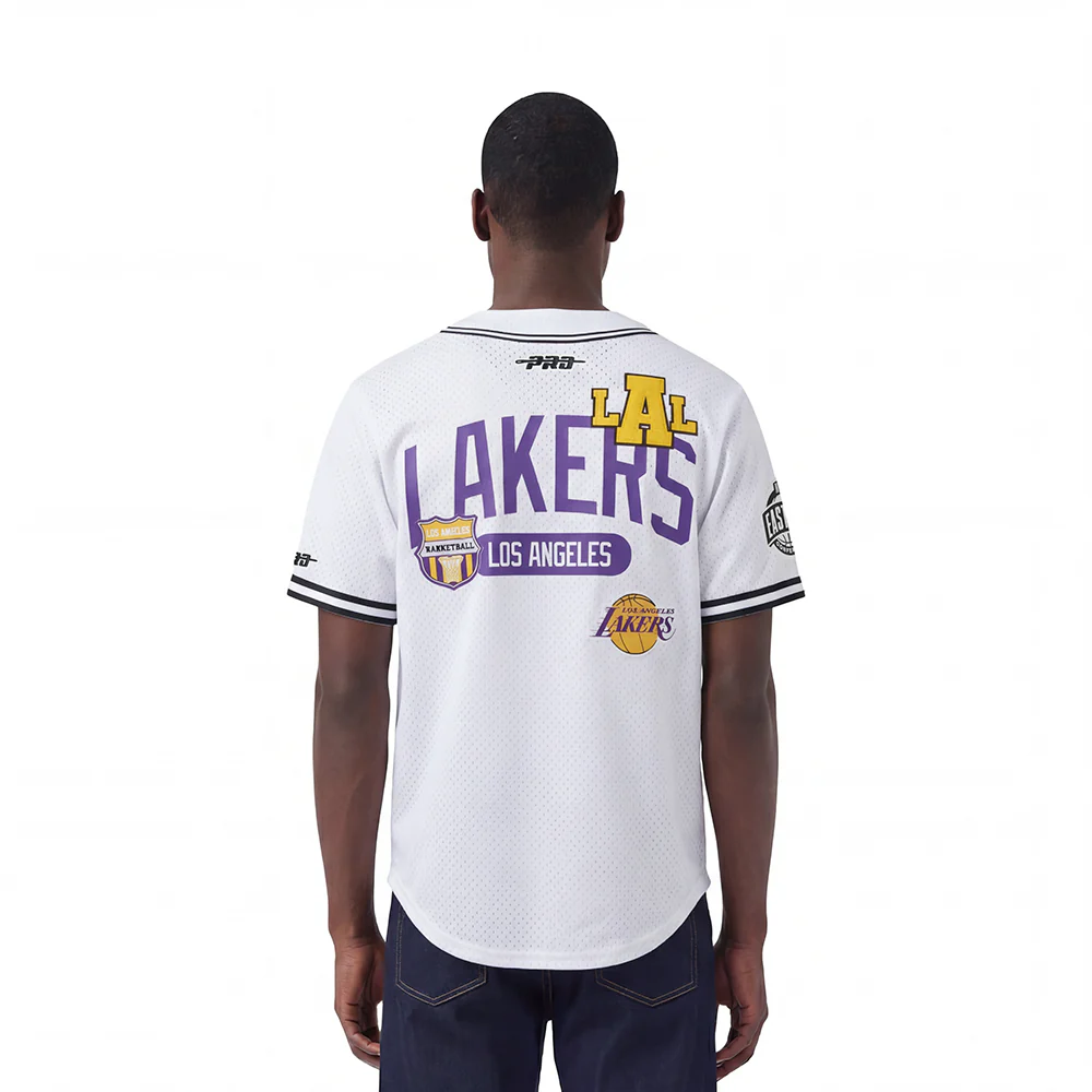 NBA LOS ANGELES LAKERS LETTERMAN MEN'S BUTTON DOWN MESH TOP (WHITE/BLACK/WHITE) - Image 2