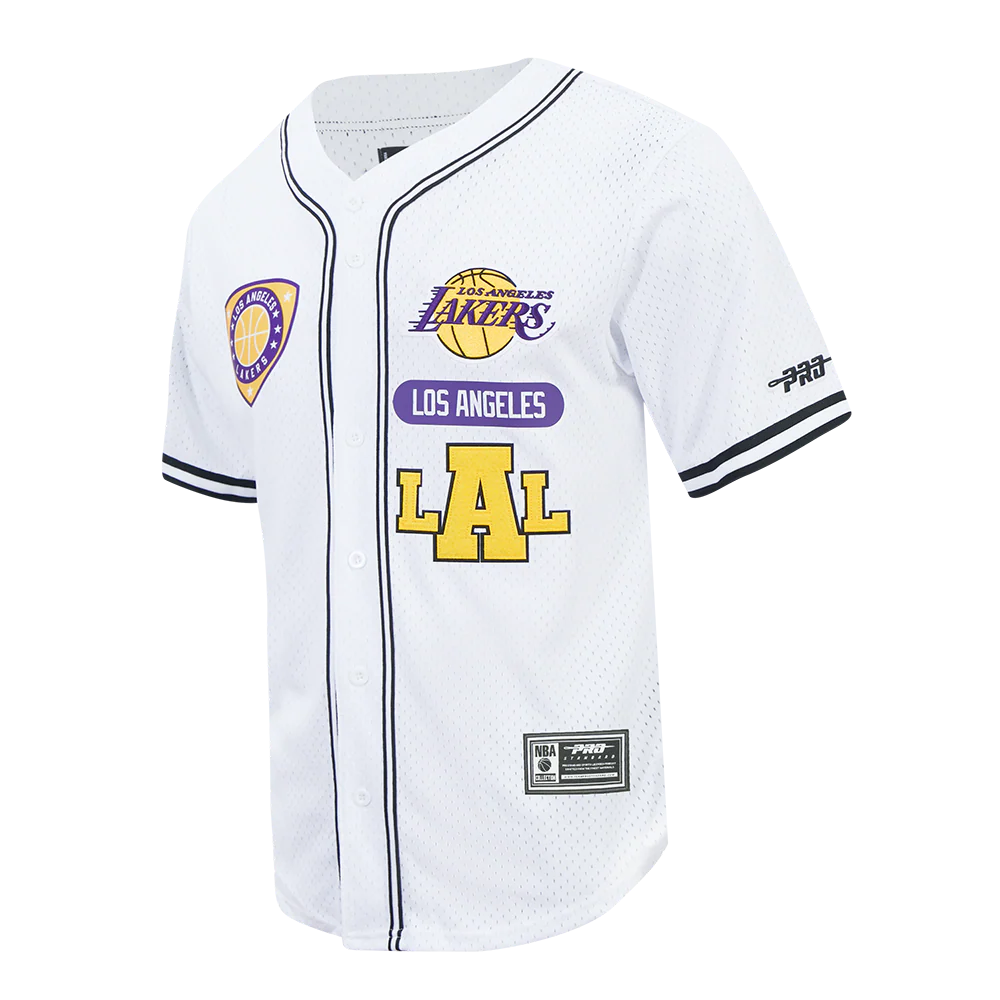 NBA LOS ANGELES LAKERS LETTERMAN MEN'S BUTTON DOWN MESH TOP (WHITE/BLACK/WHITE) - Image 3