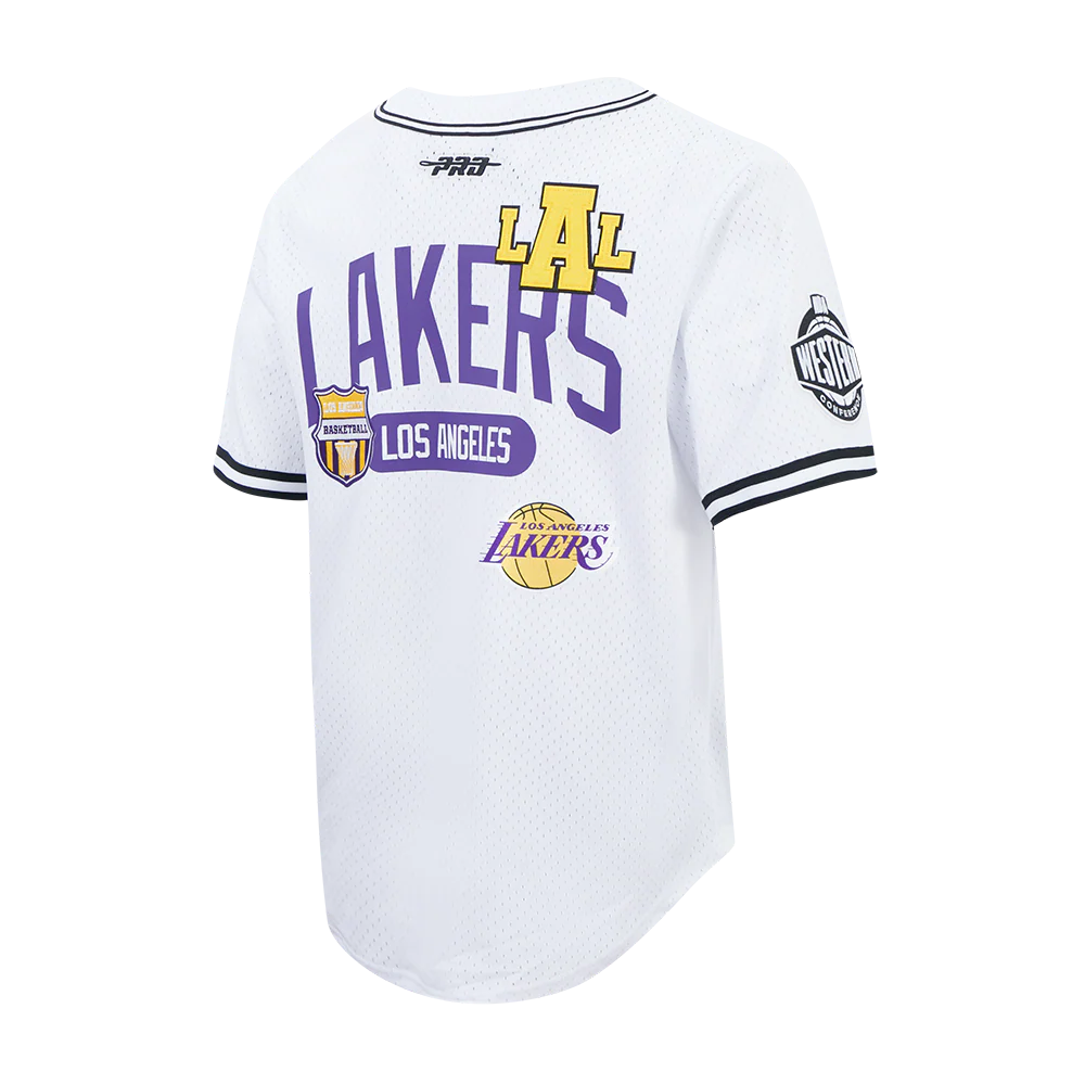 NBA LOS ANGELES LAKERS LETTERMAN MEN'S BUTTON DOWN MESH TOP (WHITE/BLACK/WHITE) - Image 4