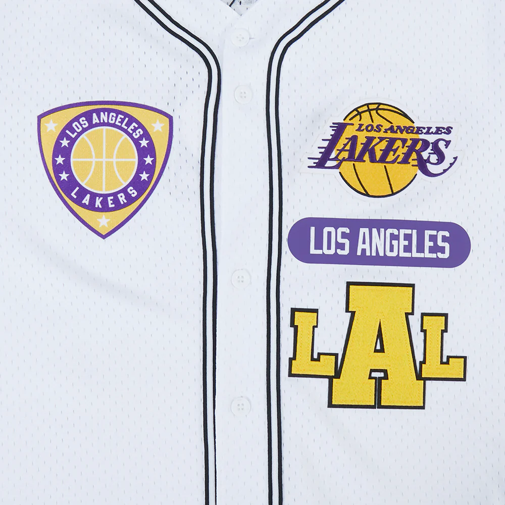 NBA LOS ANGELES LAKERS LETTERMAN MEN'S BUTTON DOWN MESH TOP (WHITE/BLACK/WHITE) - Image 9