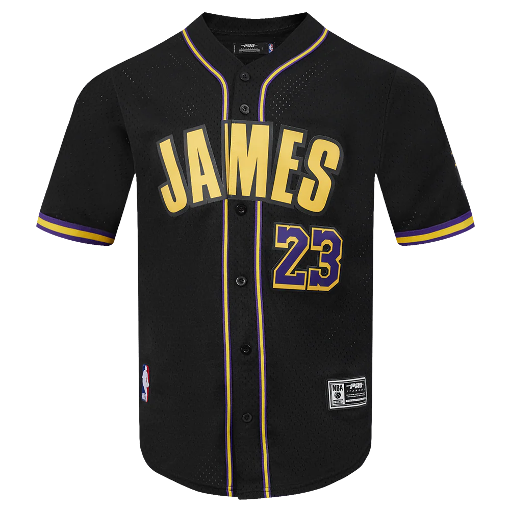 NBA LOS ANGELES LAKERS LEBRON JAMES #23 CLASSIC MESH PNN MEN'S MESH BUTTON DOWN SHIRT (BLACK/PURPLE) - Image 3