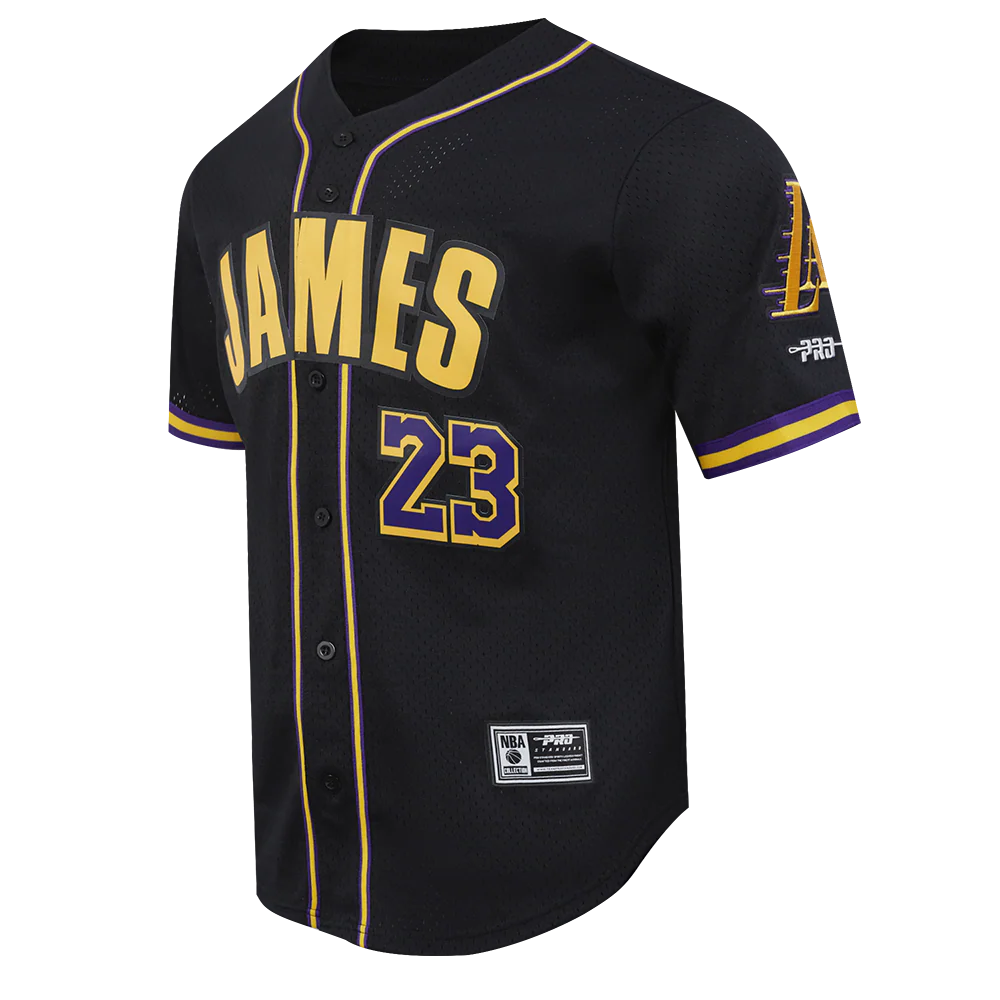 NBA LOS ANGELES LAKERS LEBRON JAMES #23 CLASSIC MESH PNN MEN'S MESH BUTTON DOWN SHIRT (BLACK/PURPLE) - Image 5