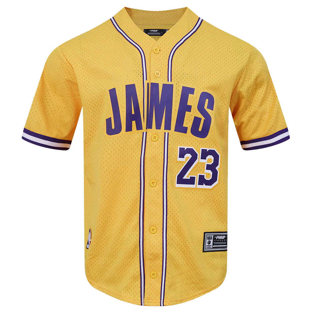 NBA LOS ANGELES LAKERS LEBRON JAMES #23 CLASSIC MESH PNN MEN'S MESH BUTTON DOWN SHIRT (YELLOW/PURPLE) - Image 3