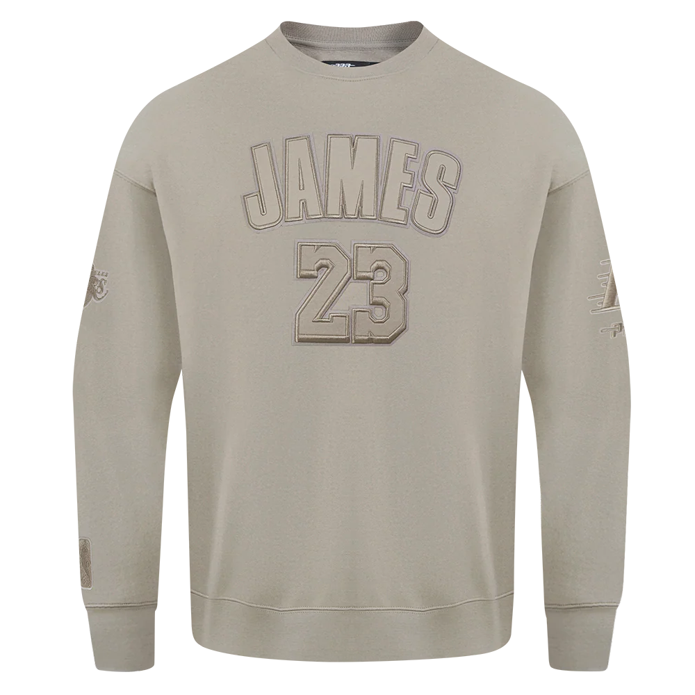 NBA LOS ANGELES LAKERS LEBRON JAMES #23 NEUTRAL PNN MEN'S DROP SHOULDER FLC CREWNECK (TAUPE)