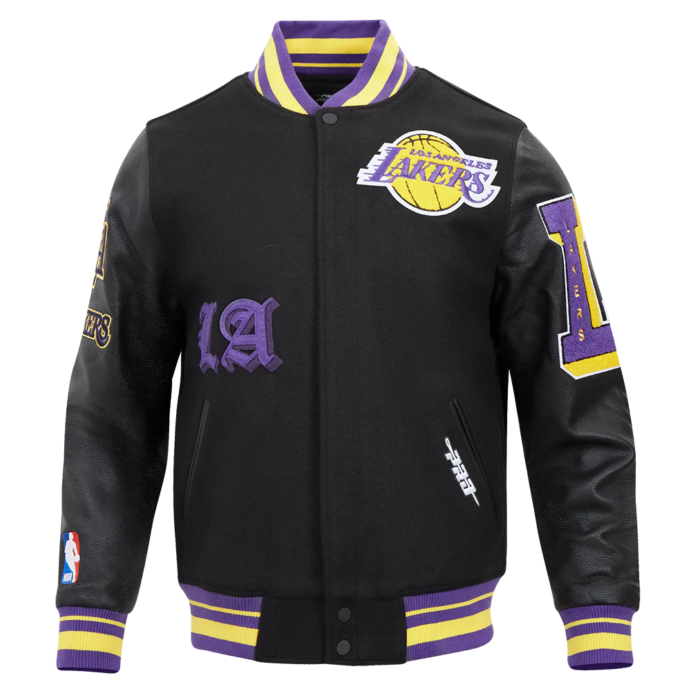 NBA LOS ANGELES LAKERS OLD ENGLISH MEN'S RIB WOOL VARSITY JACKET (BLACK/PURPLE) - Image 10
