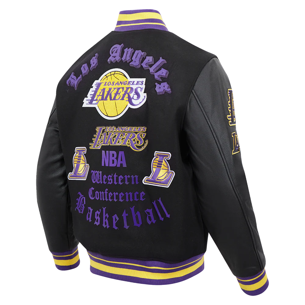NBA LOS ANGELES LAKERS OLD ENGLISH MEN'S RIB WOOL VARSITY JACKET (BLACK/PURPLE) - Image 12