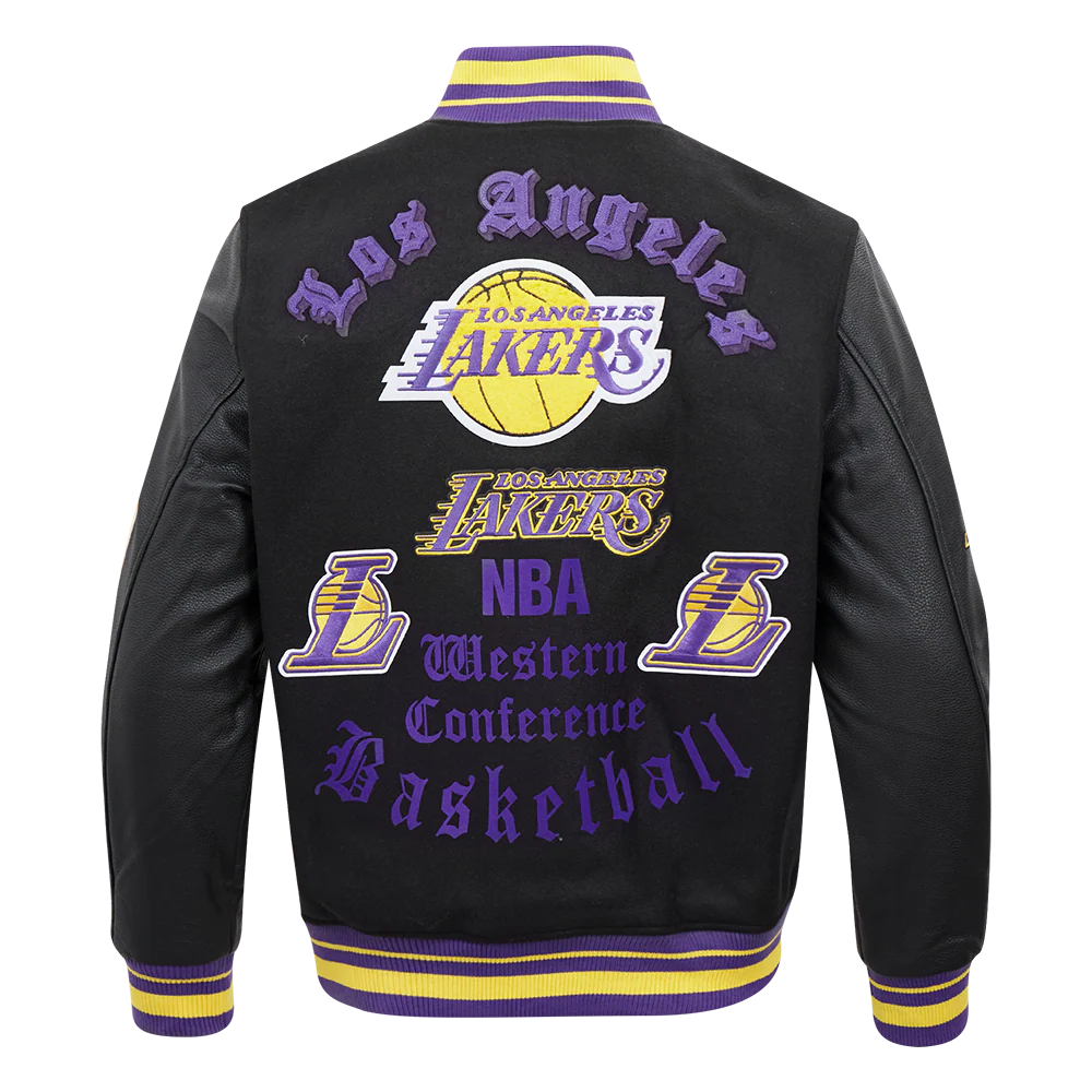 NBA LOS ANGELES LAKERS OLD ENGLISH MEN'S RIB WOOL VARSITY JACKET (BLACK/PURPLE) - Image 13