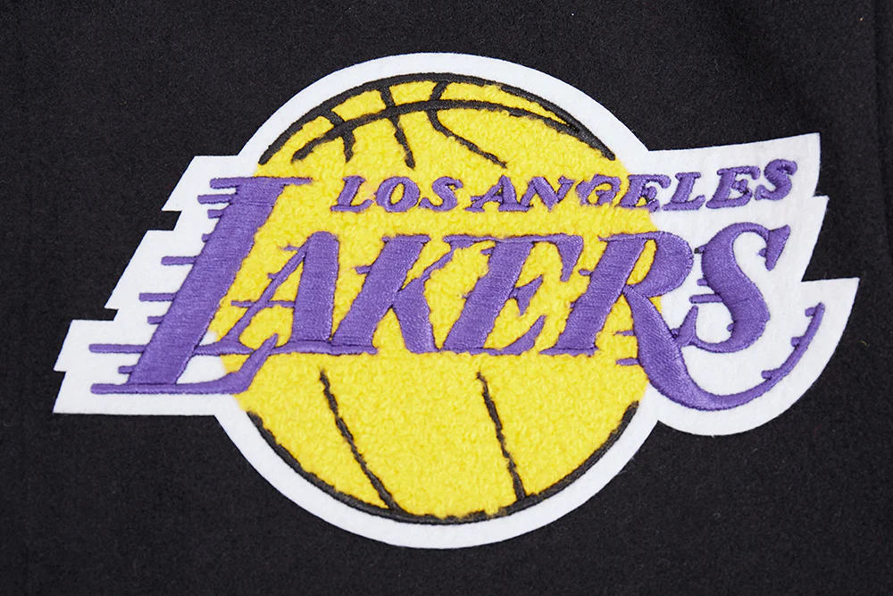 NBA LOS ANGELES LAKERS OLD ENGLISH MEN'S RIB WOOL VARSITY JACKET (BLACK/PURPLE) - Image 5