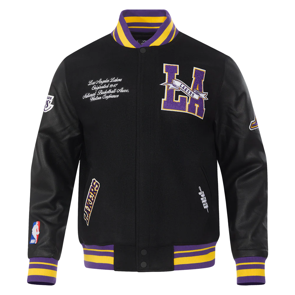 NBA LOS ANGELES LAKERS TEAM PENNANTS MEN'S RIB WOOL VARSITY JACKET (BLACK/PURPLE)