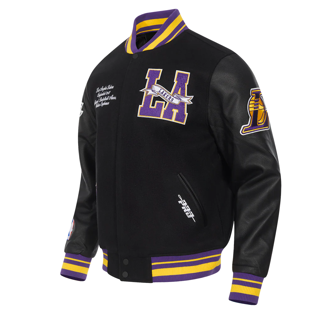 NBA LOS ANGELES LAKERS TEAM PENNANTS MEN'S RIB WOOL VARSITY JACKET (BLACK/PURPLE) - Image 2
