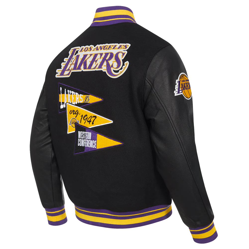 NBA LOS ANGELES LAKERS TEAM PENNANTS MEN'S RIB WOOL VARSITY JACKET (BLACK/PURPLE) - Image 4