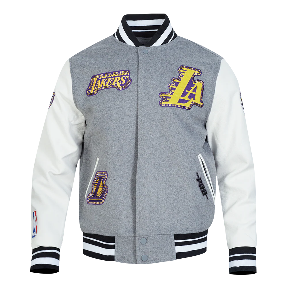 NBA LOS ANGELES LAKERS DIY PICK STITCH MEN'S RIB WOOL VARSITY JACKET (HEATHER GREY/WHITE/BLACK)