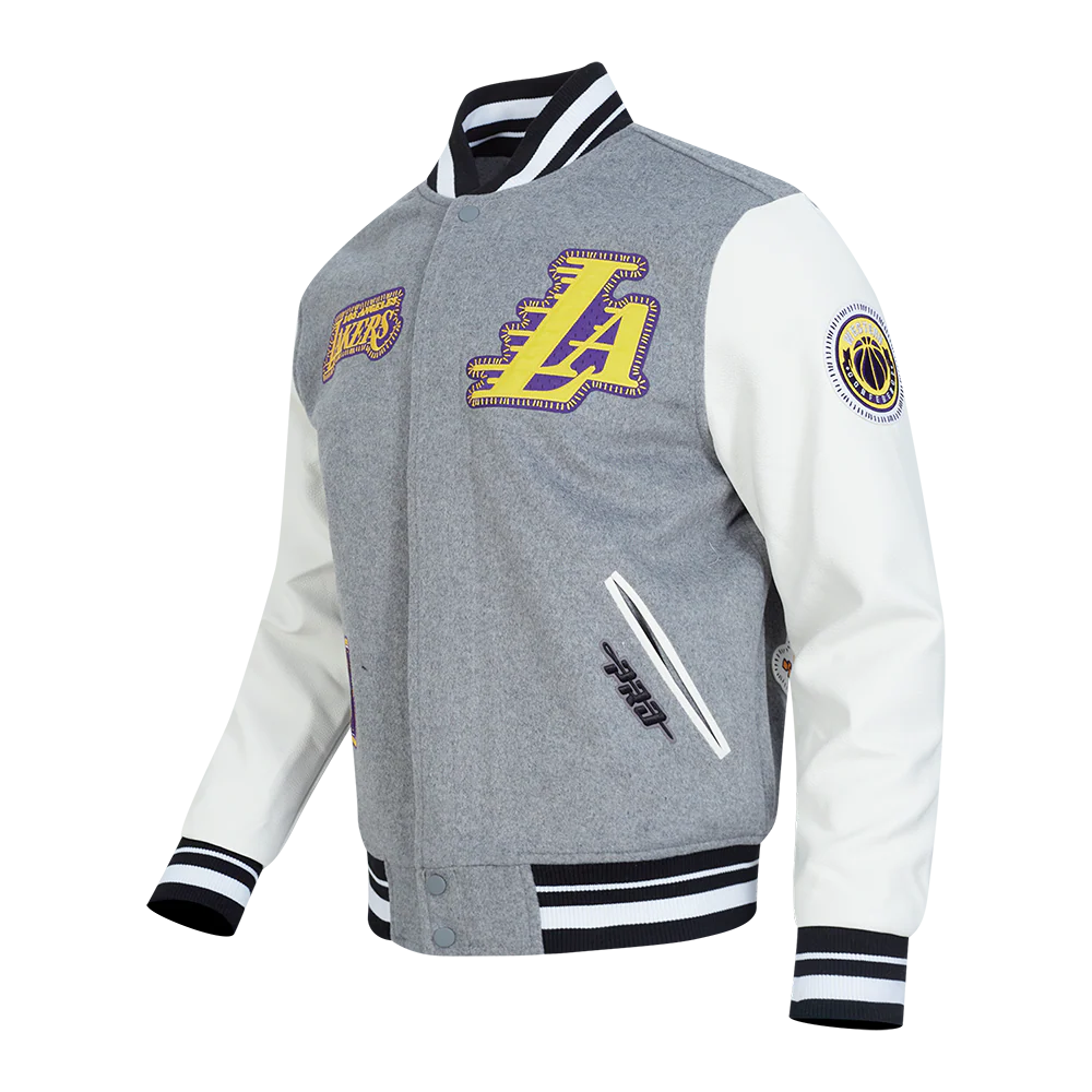 NBA LOS ANGELES LAKERS DIY PICK STITCH MEN'S RIB WOOL VARSITY JACKET (HEATHER GREY/WHITE/BLACK) - Image 2