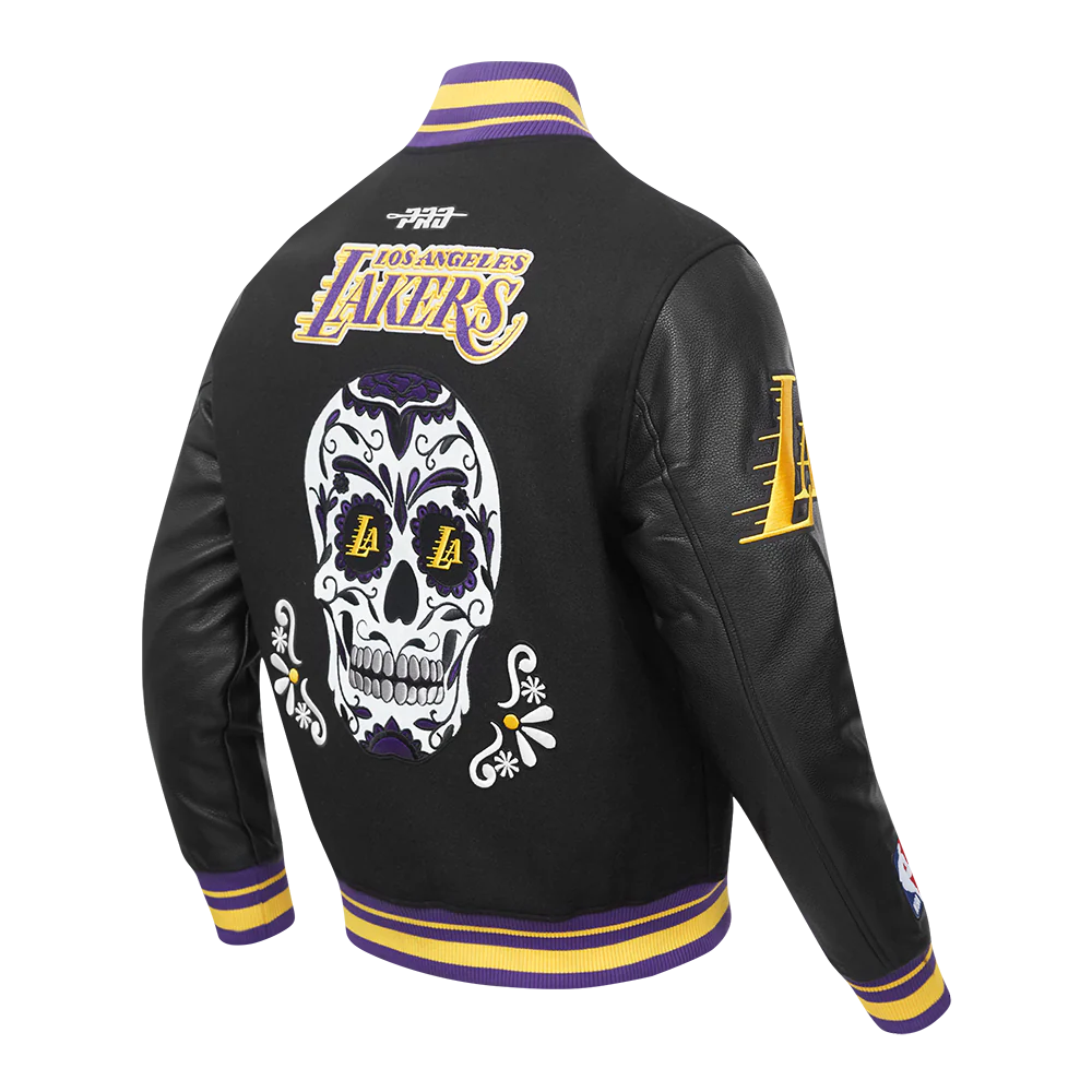 NBA LOS ANGELES LAKERS SUGAR SKULL MEN'S RIB WOOL VARSITY JACKET (BLACK/PURPLE) - Image 4