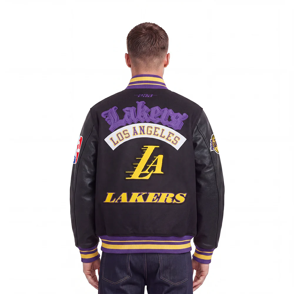 NBA LOS ANGELES LAKERS BEST OF MEN'S RIB WOOL VARSITY JACKET (BLACK/PURPLE) - Image 2