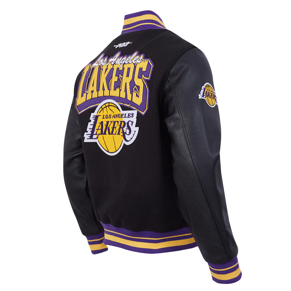 NBA LOS ANGELES LAKERS TEAM BADGE MEN'S RIB WOOL VARSITY JACKET (BLACK/PURPLE) - Image 4