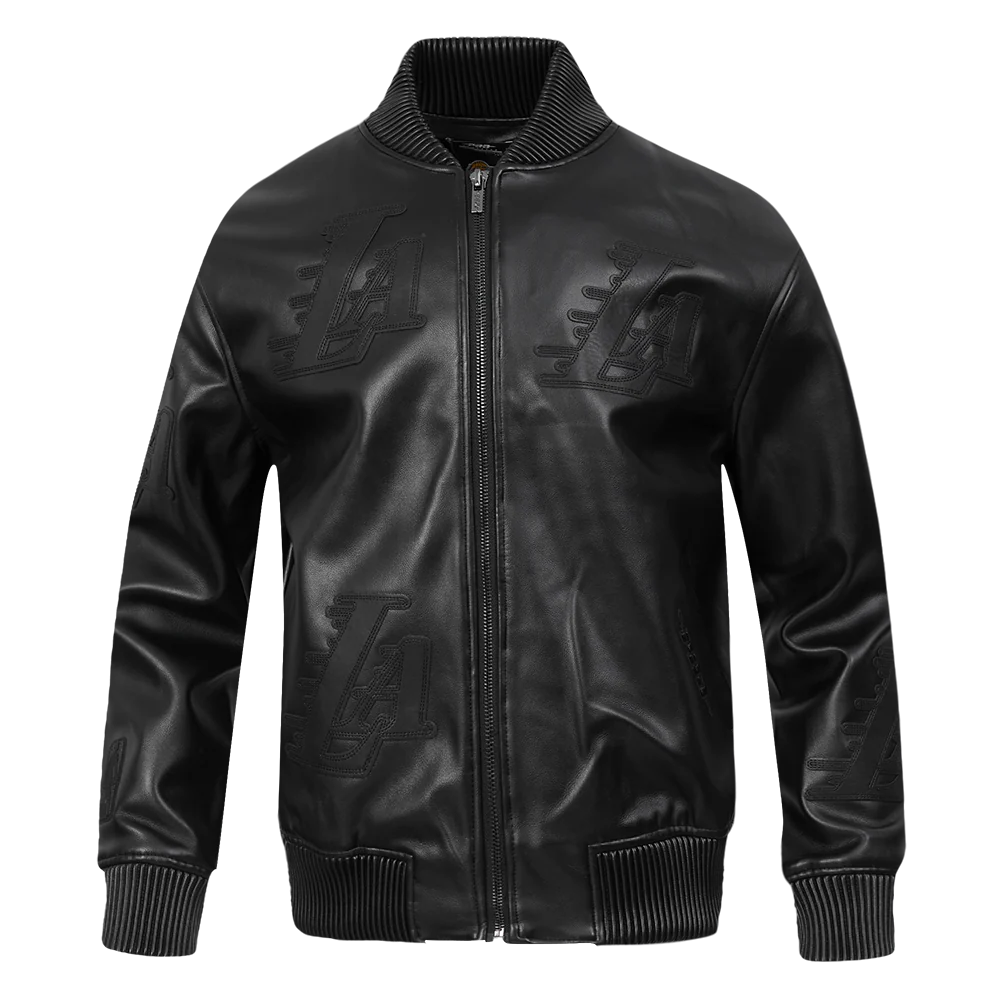 NBA LOS ANGELES LAKERS WASHED VANGUARD MEN'S LEATHER VARSITY JACKET (JET BLACK)