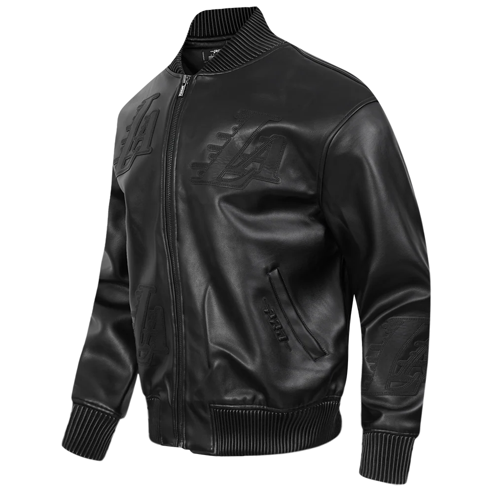 NBA LOS ANGELES LAKERS WASHED VANGUARD MEN'S LEATHER VARSITY JACKET (JET BLACK) - Image 2