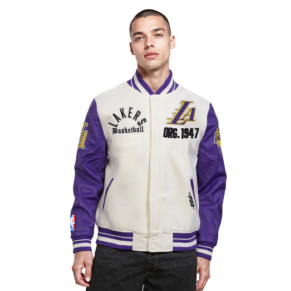 NBA LOS ANGELES LAKERS MODERN ORIGINALS MEN'S RIB WOOL VARSITY JACKET (EGGSHELL/ PURPLE)