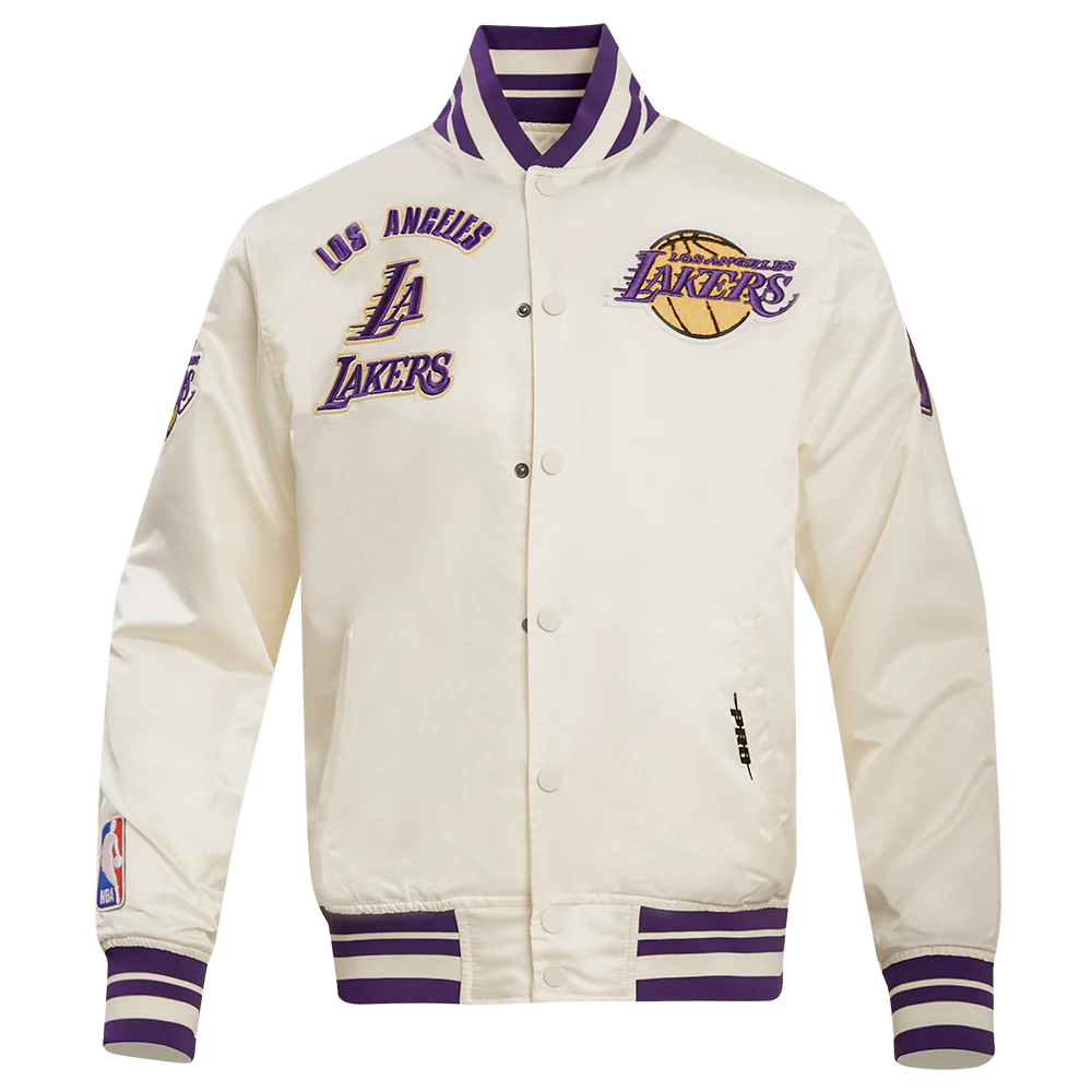 NBA LOS ANGELES LAKERS RETRO CLASSIC MEN'S RIB SATIN JACKET (EGGSHELL/ PURPLE)