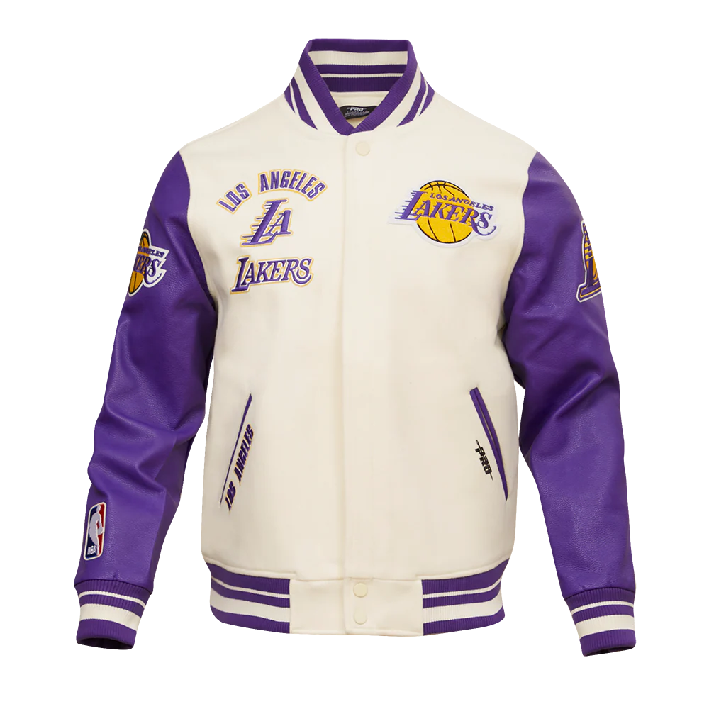 NBA LOS ANGELES LAKERS RETRO CLASSIC MEN'S RIB WOOL VARSITY JACKET (EGGSHELL/PURPLE)