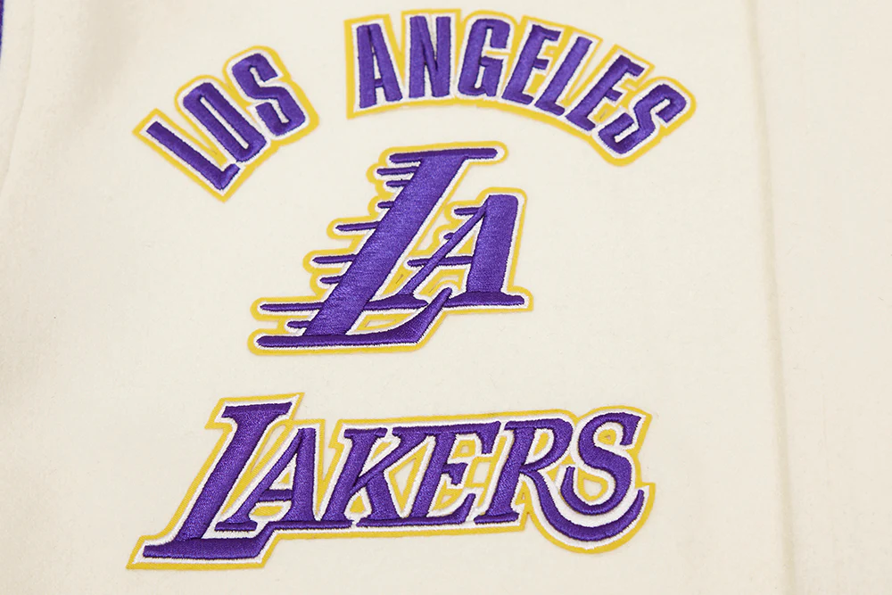 NBA LOS ANGELES LAKERS RETRO CLASSIC MEN'S RIB WOOL VARSITY JACKET (EGGSHELL/PURPLE) - Image 5