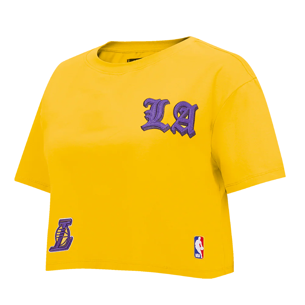 NBA LOS ANGELES LAKERS OLD ENGLISH WOMEN'S SJ BOXY TEE (YELLOW) - Image 4