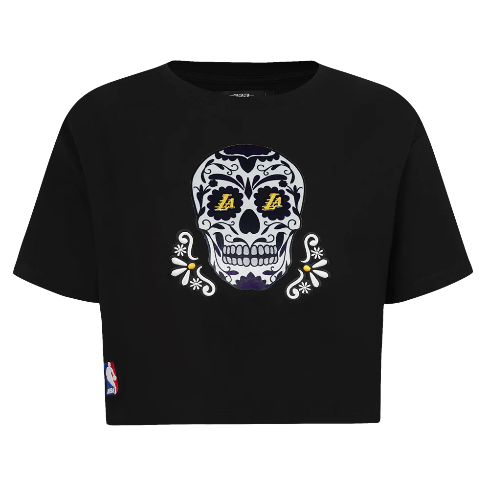 NBA LOS ANGELES LAKERS SUGAR SKULL WOMEN'S SINGLE JERSEY BOXY TEE (BLACK)