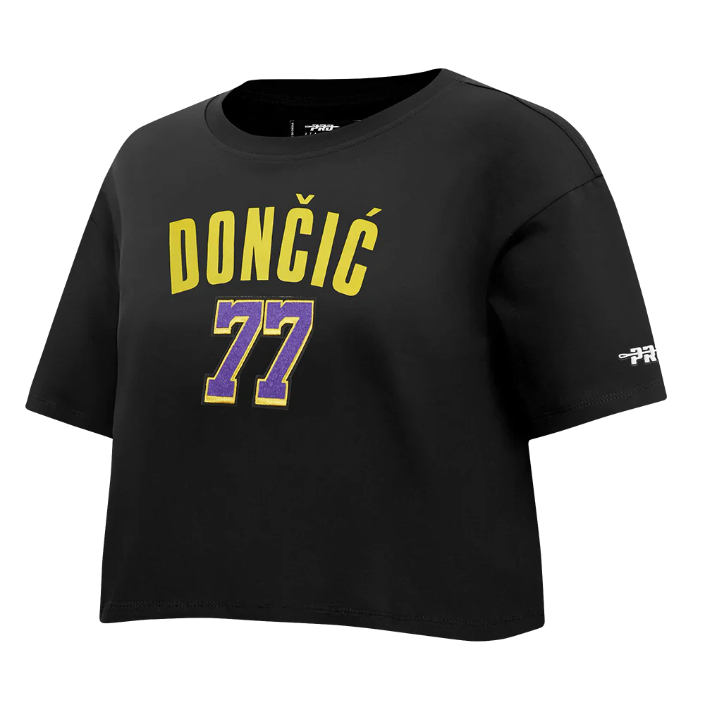 NBA LOS ANGELES LAKERS LUKA DONCIC #77 CLASSIC PNN WOMEN'S SJ BOXY TEE (BLACK) - Image 4