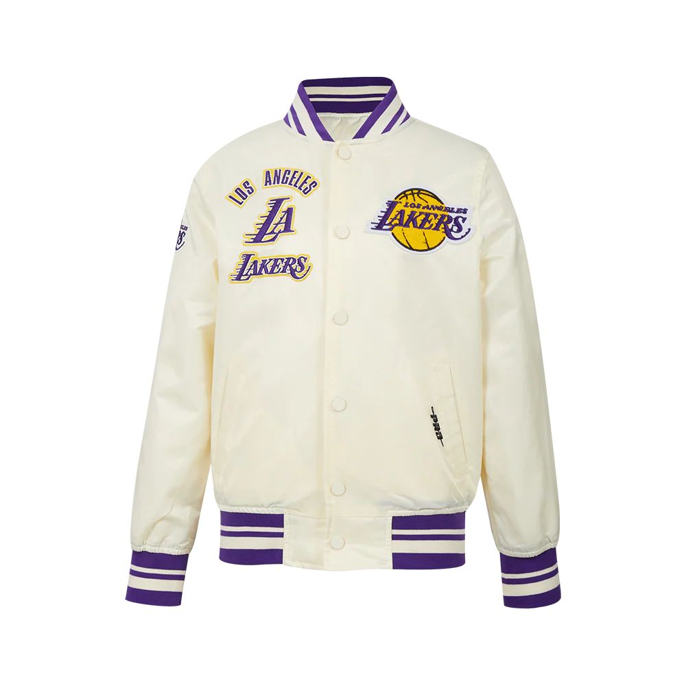 NBA LOS ANGELES LAKERS RETRO CLASSIC BIG BOY'S RIB SATIN JACKET (EGGSHELL/ PURPLE)