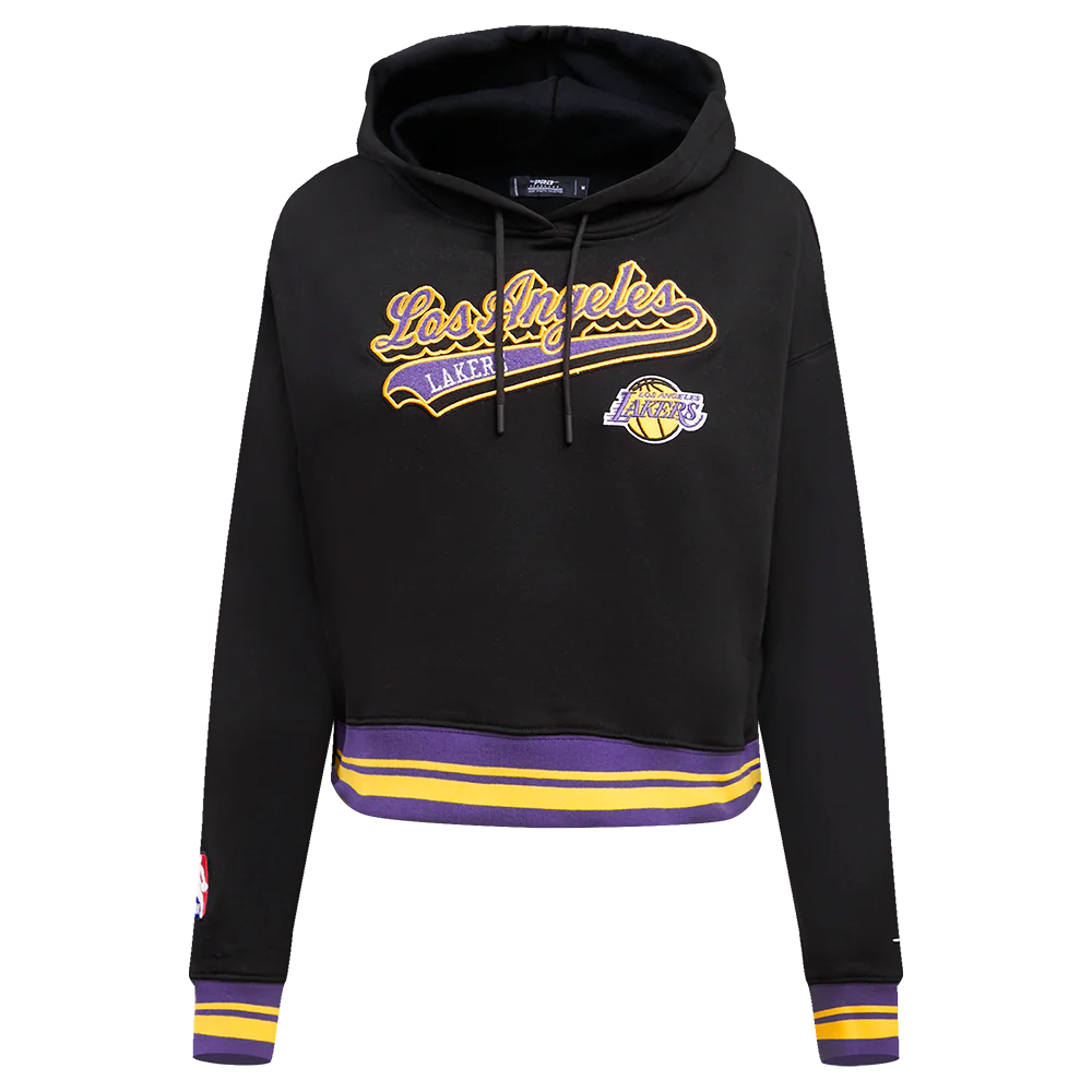 NBA LOS ANGELES LAKERS SCRIPT TAIL WOMEN'S RIB FLEECE CROPPED PULLOVER HOODIE (BLACK/PURPLE)