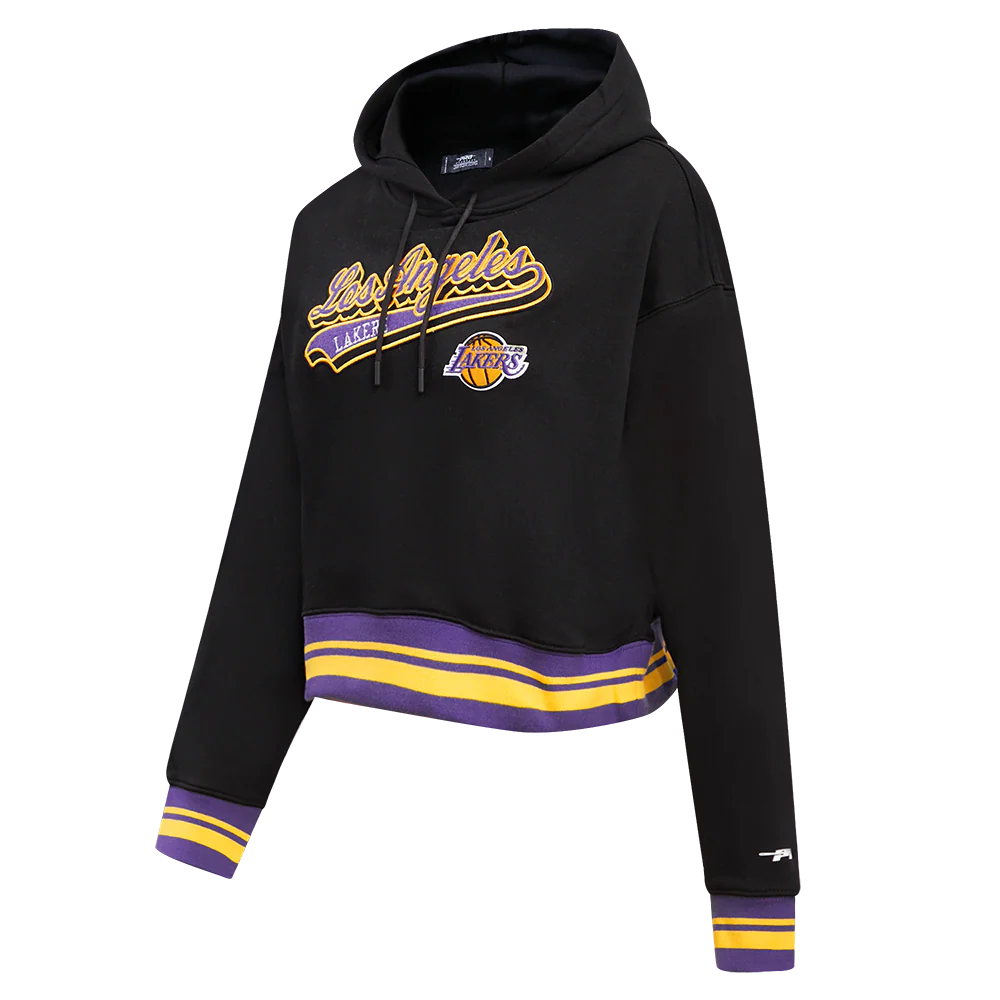NBA LOS ANGELES LAKERS SCRIPT TAIL WOMEN'S RIB FLEECE CROPPED PULLOVER HOODIE (BLACK/PURPLE) - Image 2