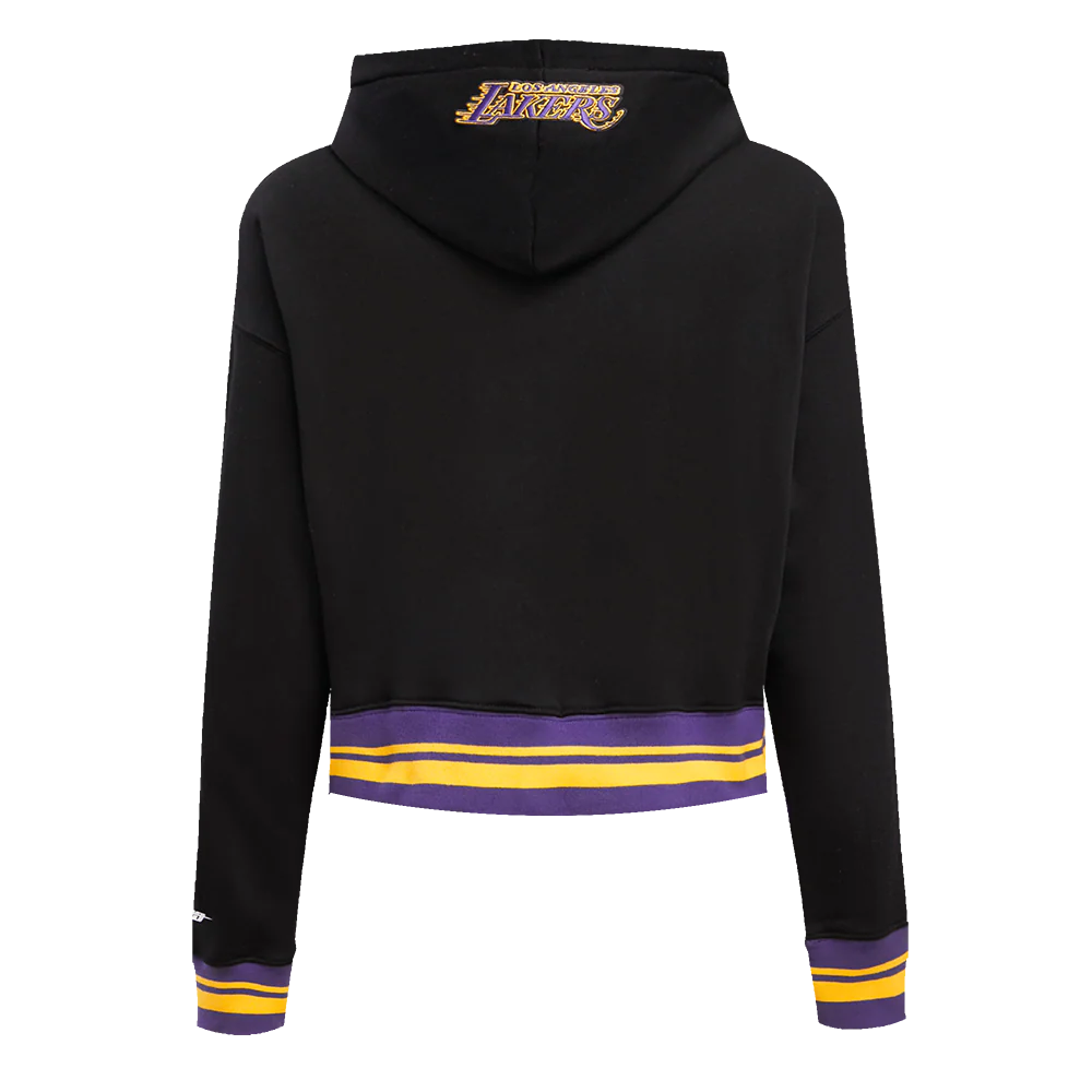 NBA LOS ANGELES LAKERS SCRIPT TAIL WOMEN'S RIB FLEECE CROPPED PULLOVER HOODIE (BLACK/PURPLE) - Image 3