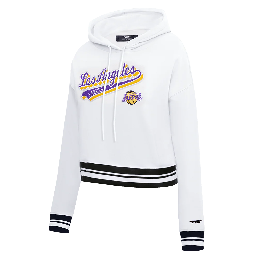 NBA LOS ANGELES LAKERS SCRIPT TAIL WOMEN'S RIB FLEECE CROPPED PULLOVER HOODIE (WHITE/BLACK) - Image 2