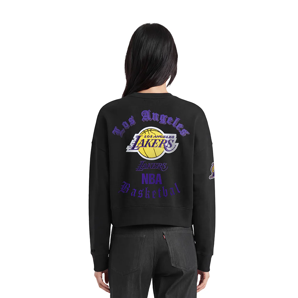 NBA LOS ANGELES LAKERS OLD ENGLISH WOMEN'S FLC CREWNECK (BLACK) - Image 2