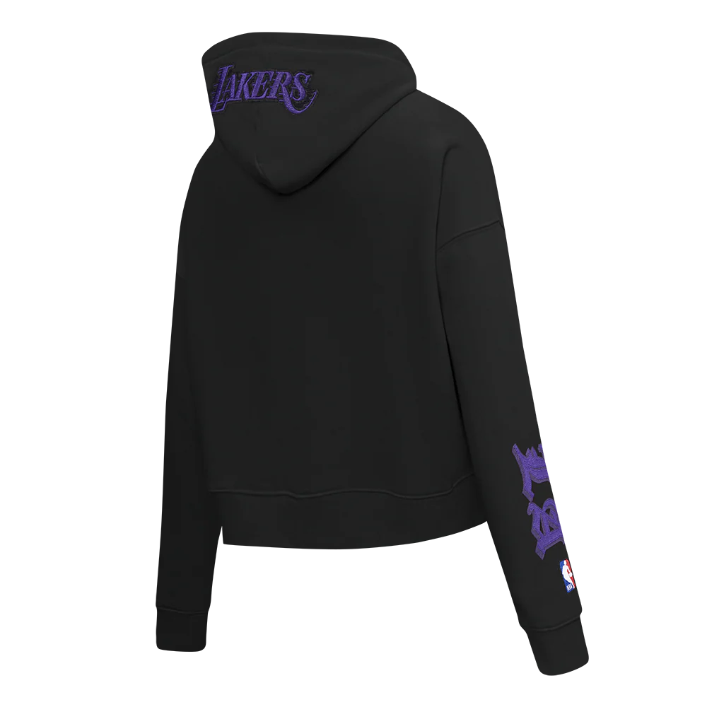 NBA LOS ANGELES LAKERS OLD ENGLISH WOMEN'S FLC CROPPED PO HOODIE (BLACK) - Image 4