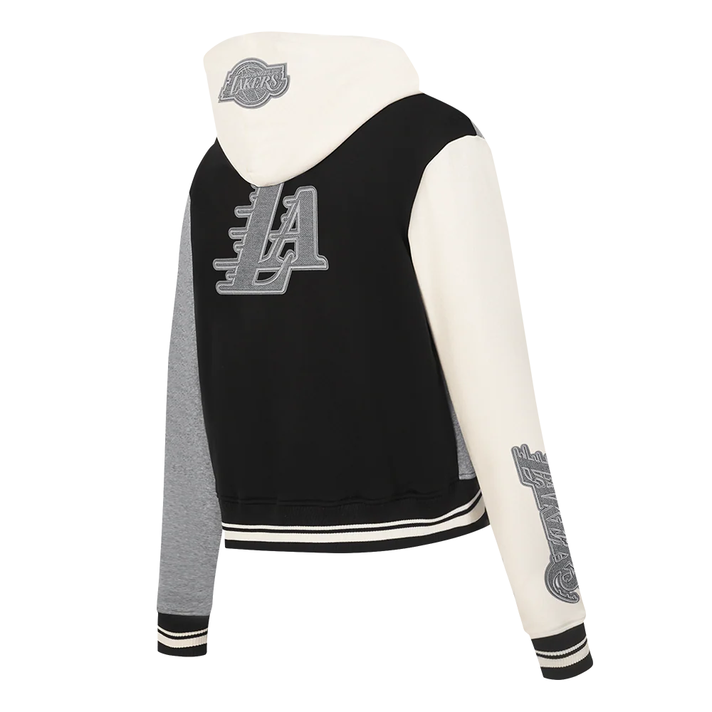 NBA LOS ANGELES LAKERS REVERSE FRENCH TERRY WOMEN'S COLOR BLOCK FLEECE FULL ZIP HOODIE (BLACK/GRAY/EGGSHELL) - Image 4