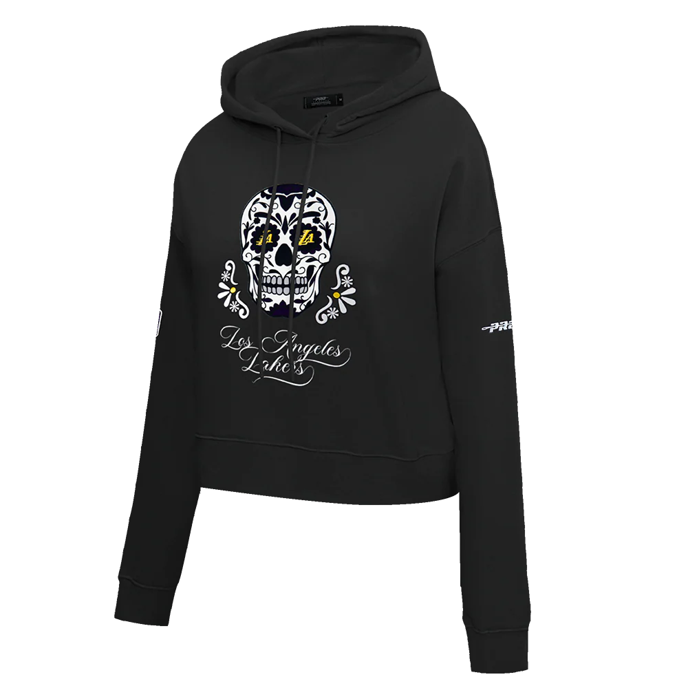 NBA LOS ANGELES LAKERS SUGAR SKULL WOMEN'S FLEECE CROPPED PULLOVER HOODIE (BLACK) - Image 2