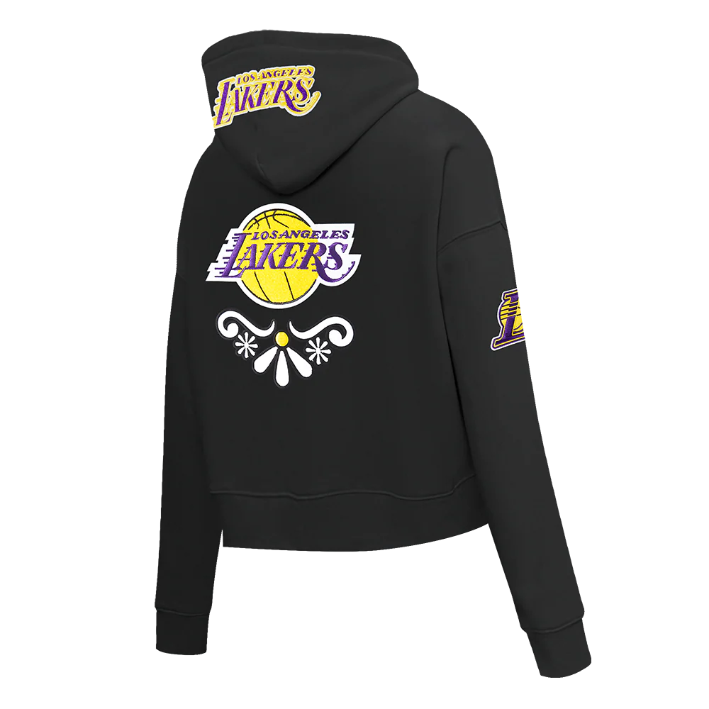 NBA LOS ANGELES LAKERS SUGAR SKULL WOMEN'S FLEECE CROPPED PULLOVER HOODIE (BLACK) - Image 3