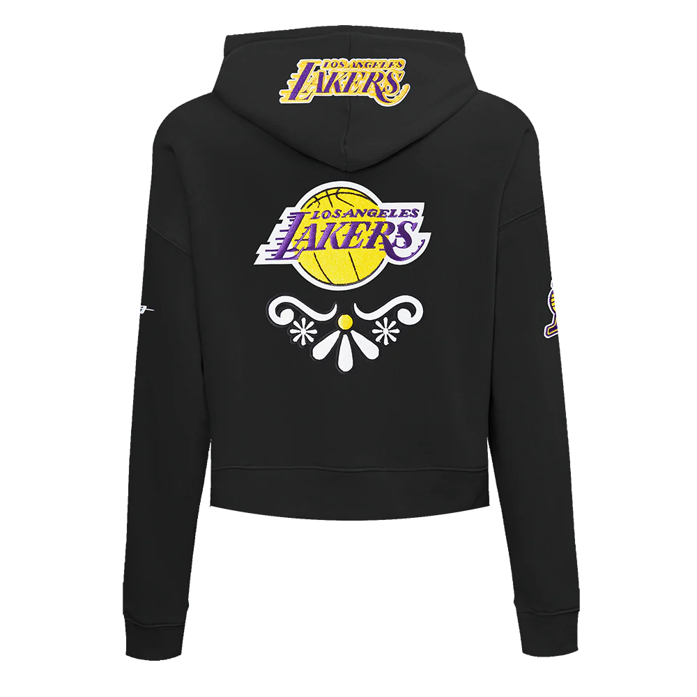 NBA LOS ANGELES LAKERS SUGAR SKULL WOMEN'S FLEECE CROPPED PULLOVER HOODIE (BLACK) - Image 4