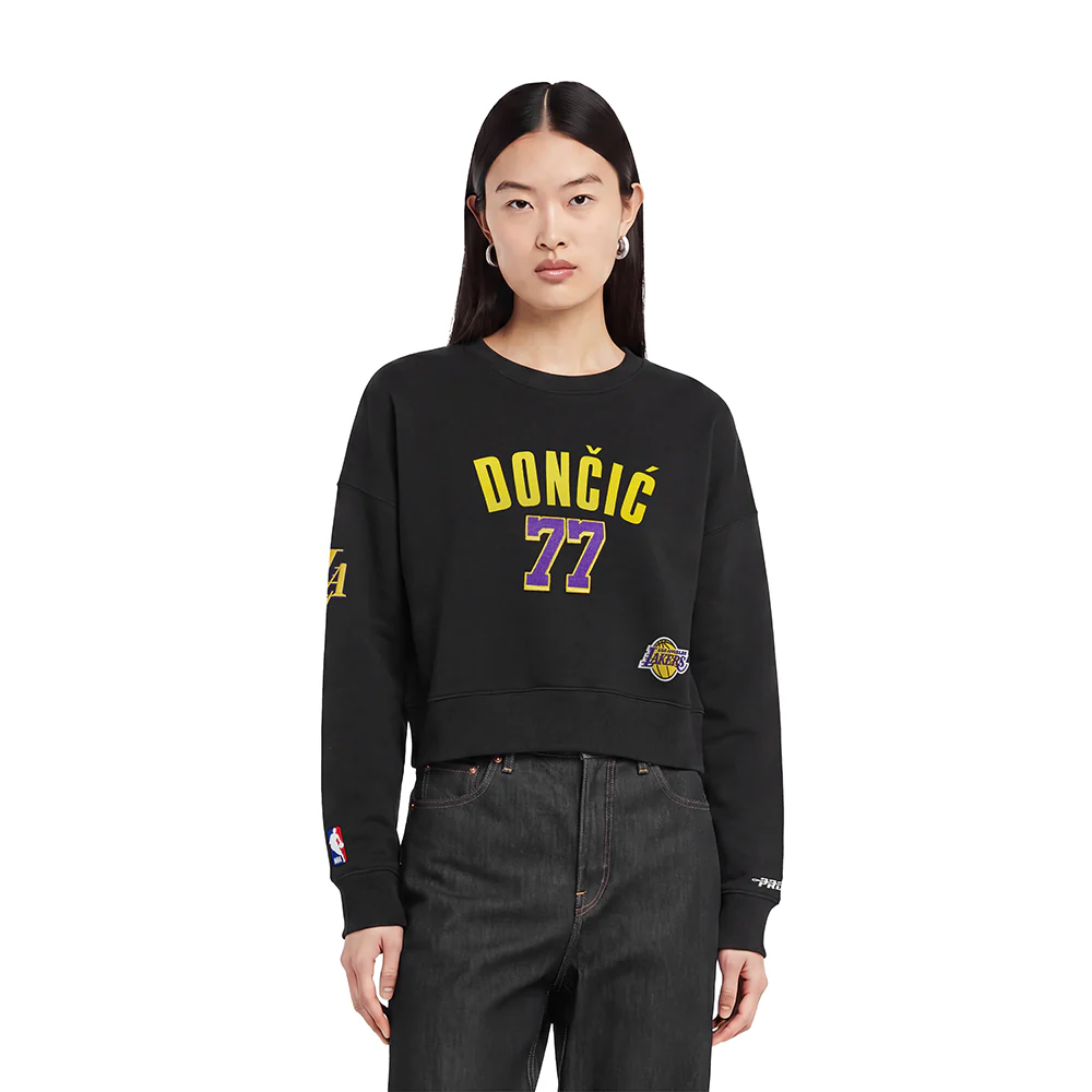 NBA LOS ANGELES LAKERS LUKA DONCIC #77 CLASSIC PNN WOMEN'S FLC CREWNEC (BLACK)