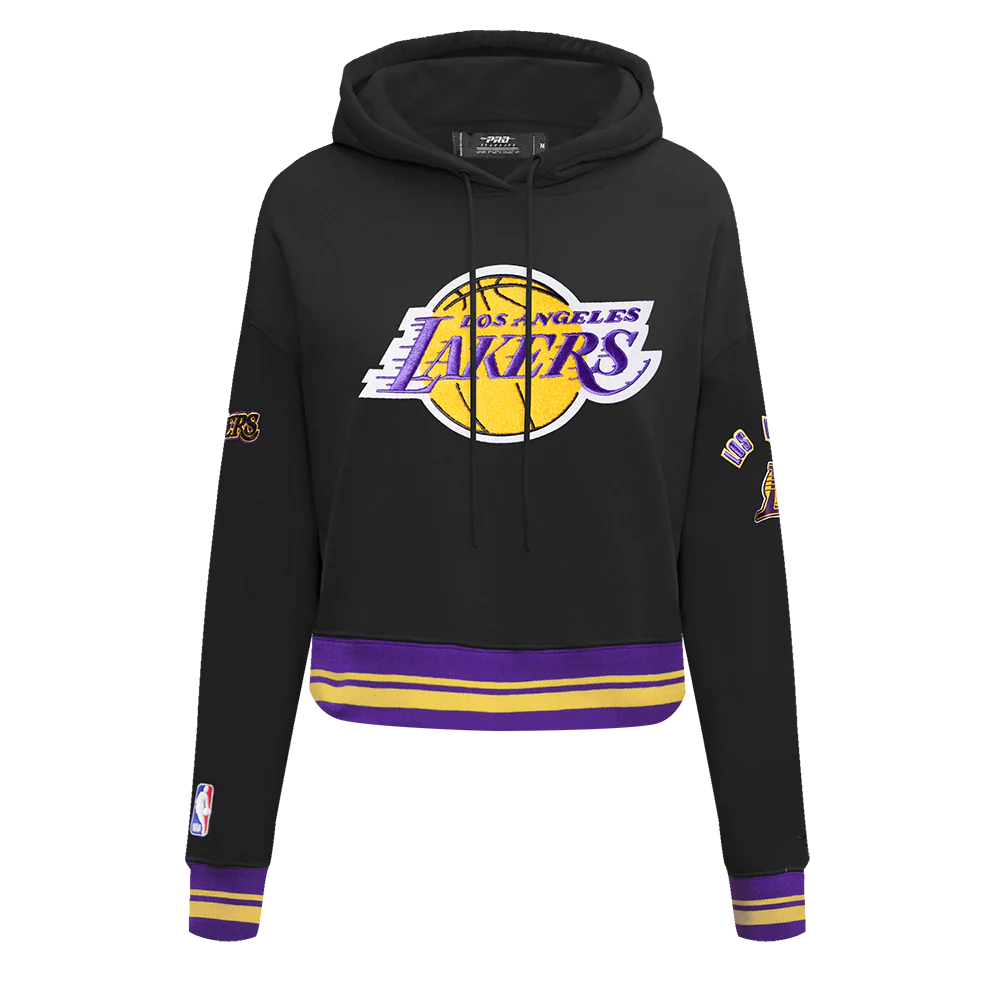 NBA LOS ANGELES LAKERS RETRO CLASSIC WOMEN'S CROPPED PULLOVER HOODIE (BLACK/PURPLE/YELLOW)
