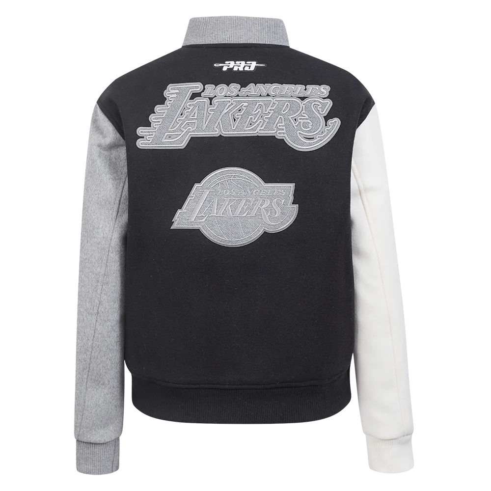 NBA LOS ANGELES LAKERS REVERSE FRENCH TERRY WOMEN'S WOOL VARSITY JACKE (BLACK/GRAY/EGGSHELL) - Image 3