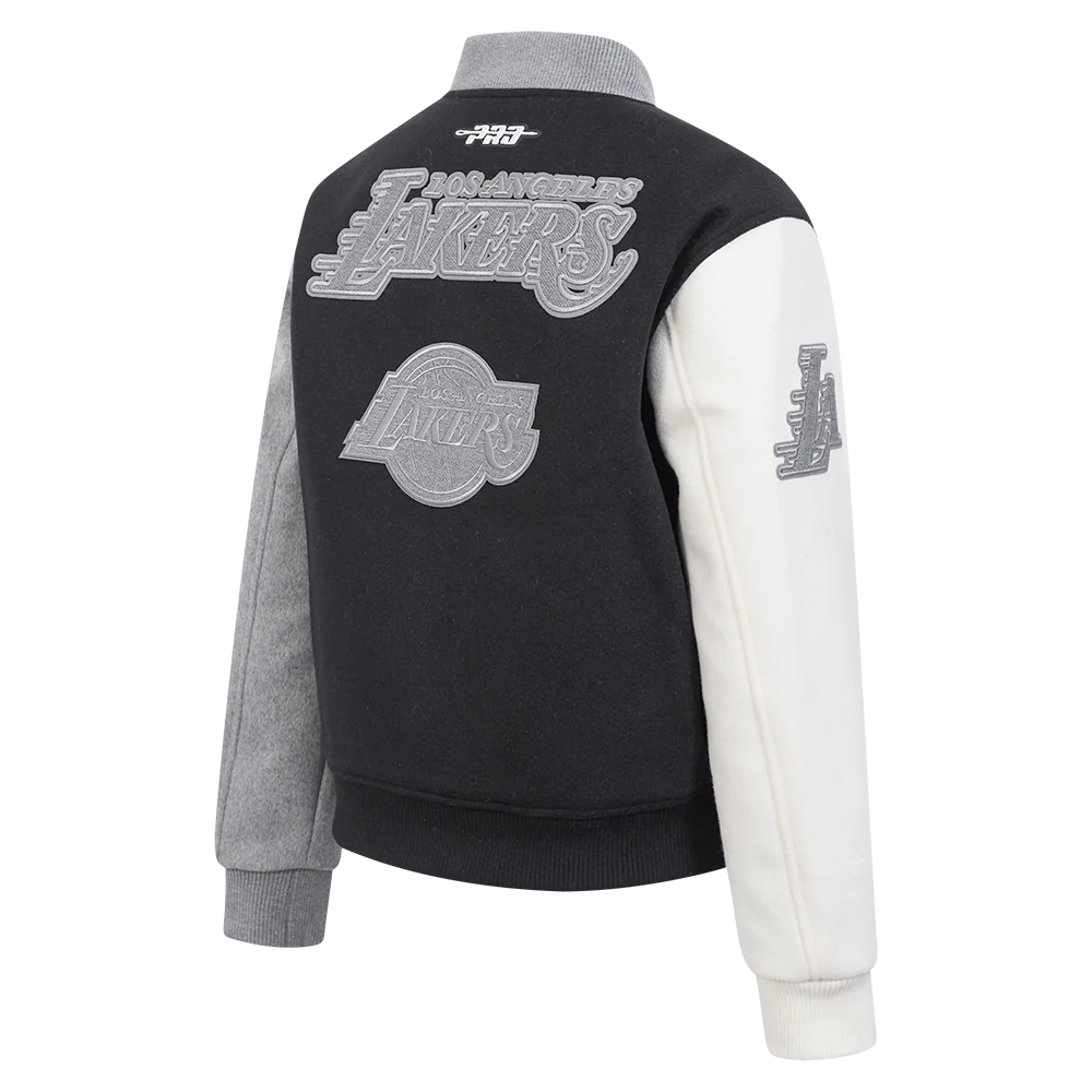 NBA LOS ANGELES LAKERS REVERSE FRENCH TERRY WOMEN'S WOOL VARSITY JACKE (BLACK/GRAY/EGGSHELL) - Image 4